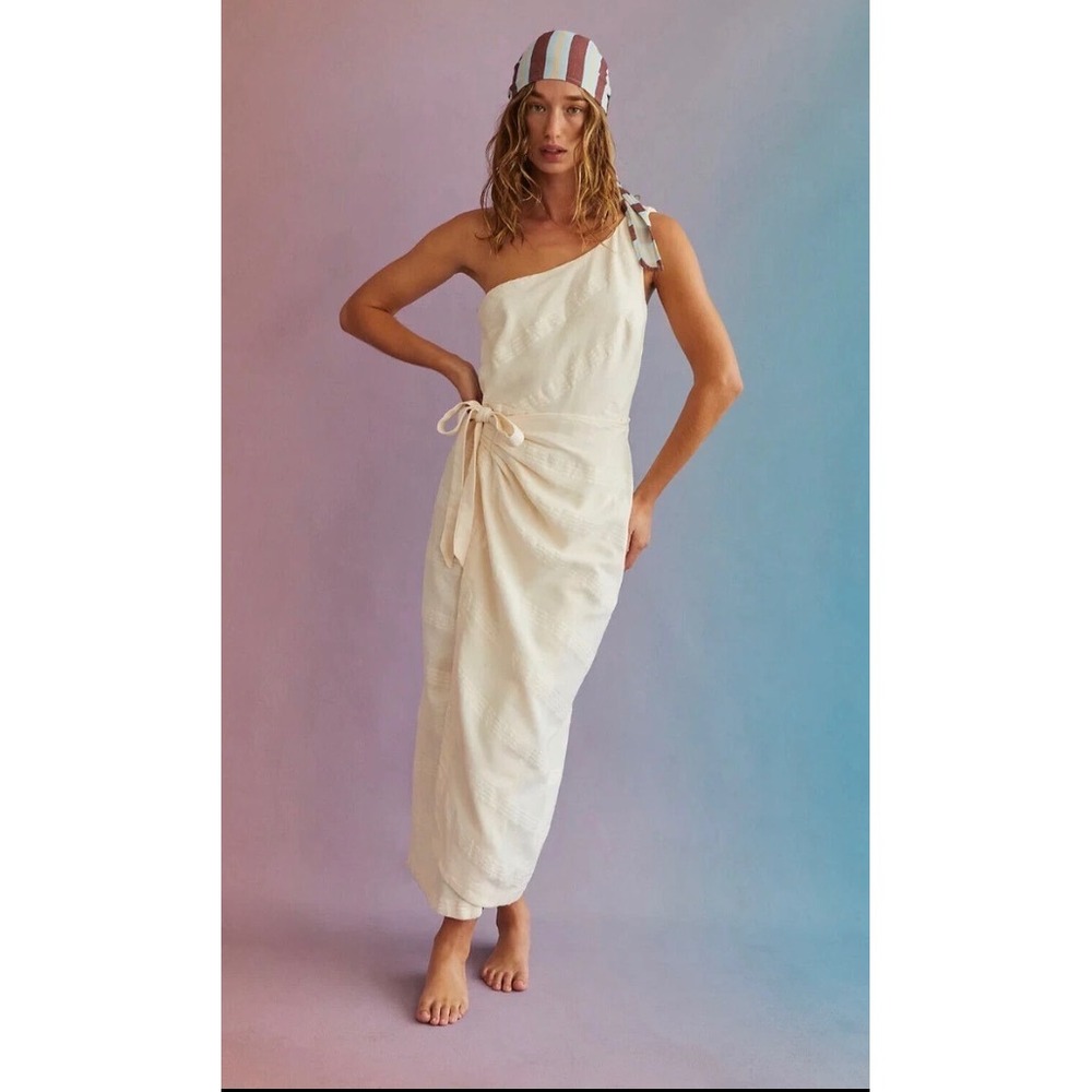 Free People White Cotton Linen Wet Plaster One Shoulder Wrap Midi Dress XS Boho